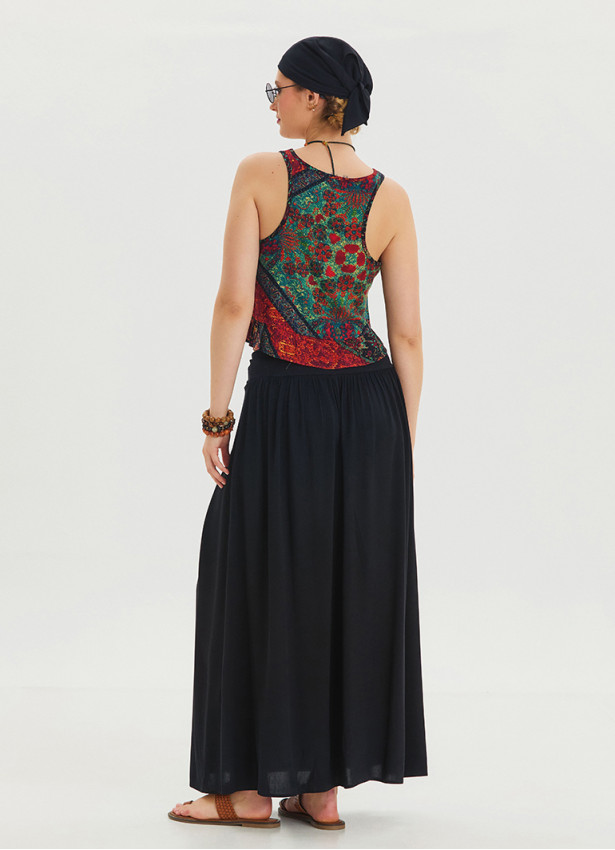 Black Long Skirt with Elastic Waist and Drape Detail 4493